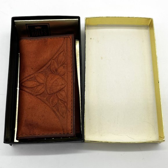 Vintage Rolfs Hand Carved Brown Cowhide Leather Trifold Key Kaddy with Box - Picture 1 of 5